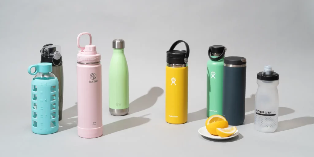 Multiple varieties of water bottles with lemon slices. 